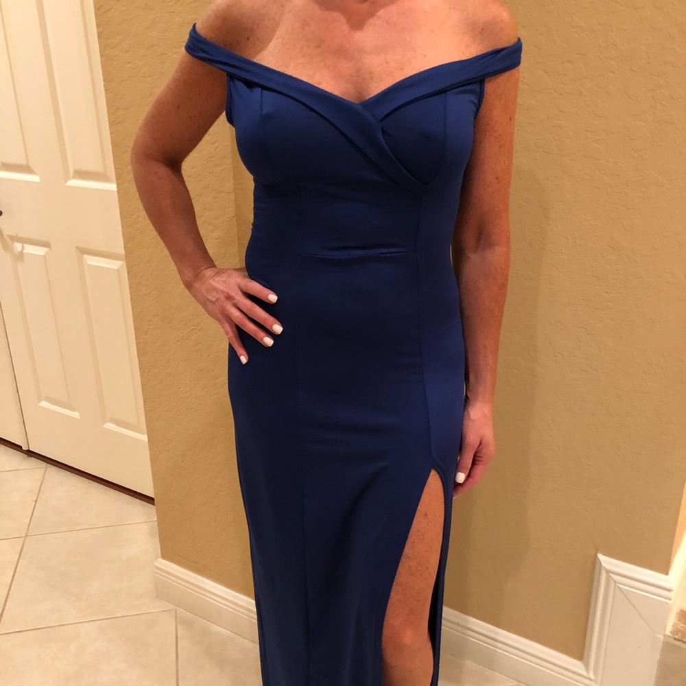 Formal Blue Off The Shoulder Full Length Dress